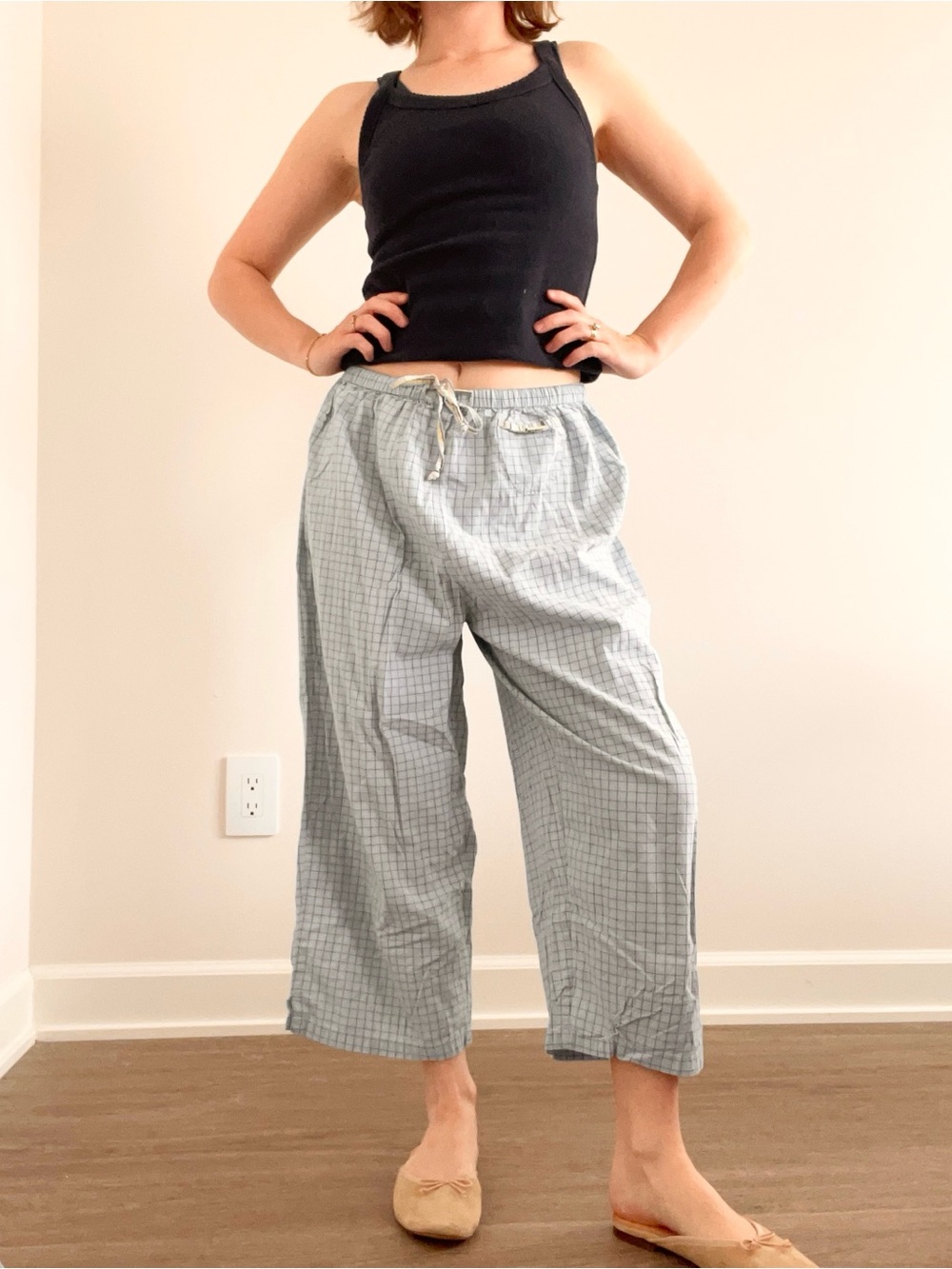 Vintage Cotton Mixit Light Blue Plaid Drawstring Capri Pants